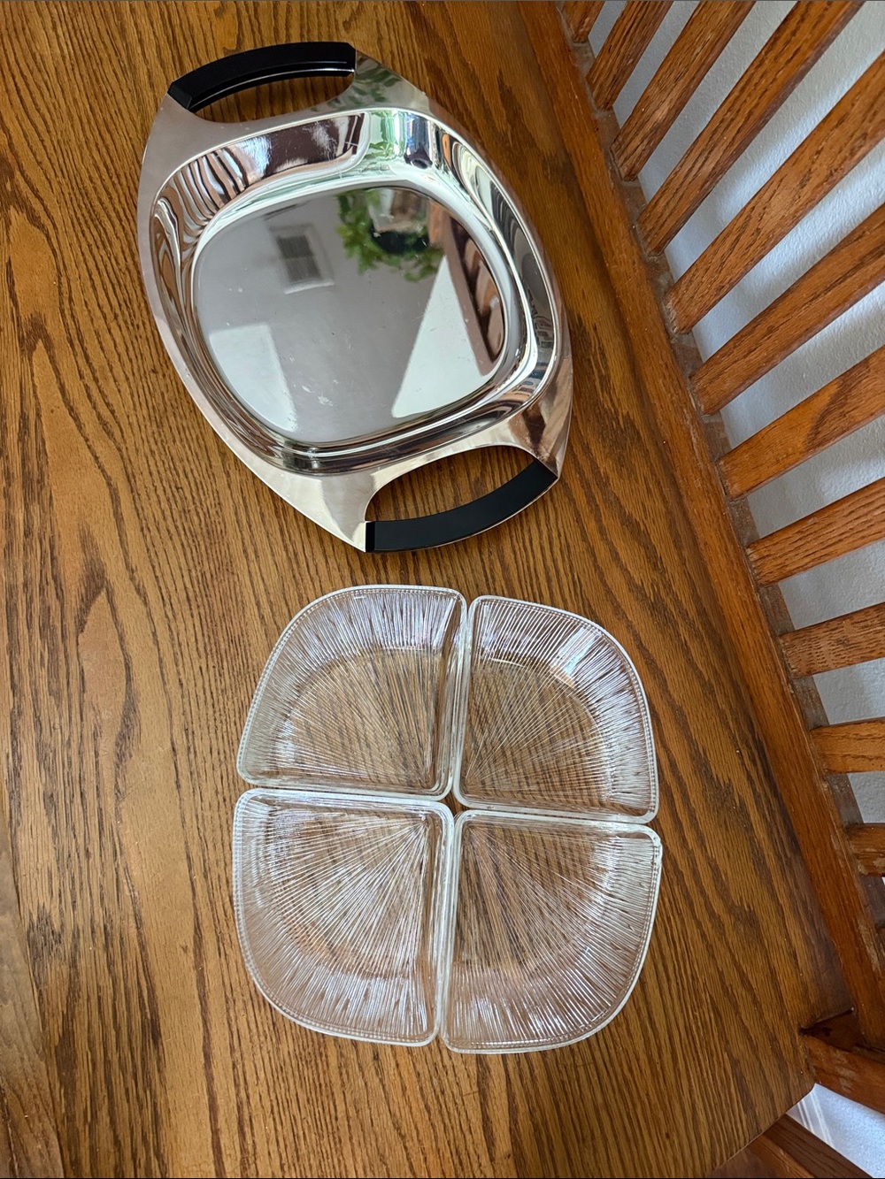 Stainless Steel Serving Tray with Black Handles & 4-Piece Glass Divided Dish Set